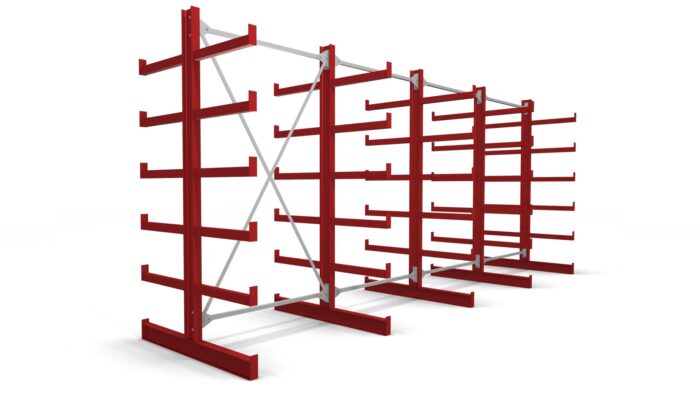 Kragarmregal doppelseitig rot lackiert 5 Ständer mit festen Armen